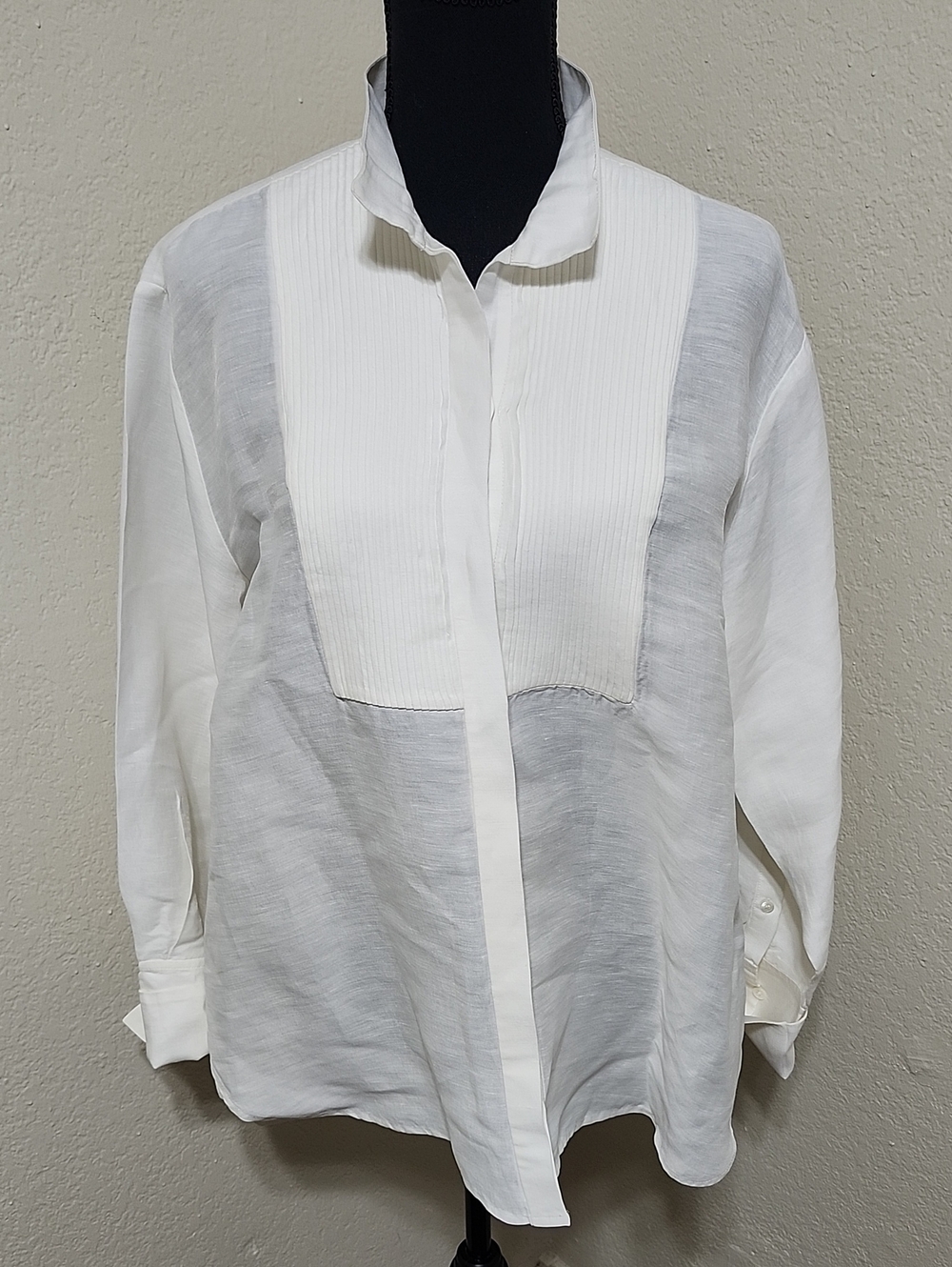 FRAME Off-White Linen Pintuck Tuxedo Shirt Blouse Sz M Boho Minimalist Quiet Lux